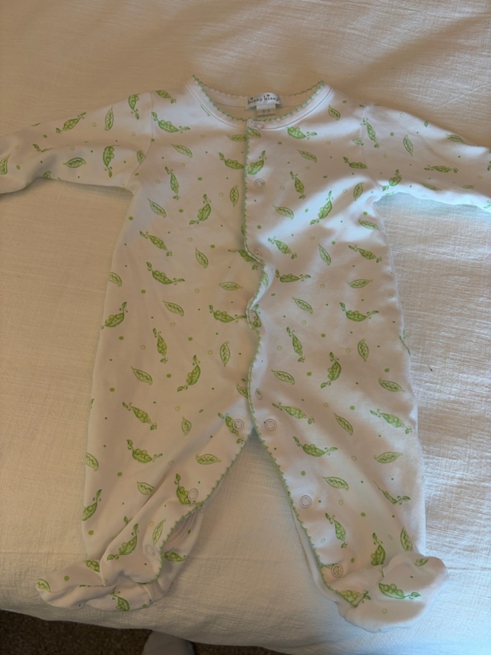 Kissy Kissy White One-Piece Footed Romper with Green Pea Pod Print